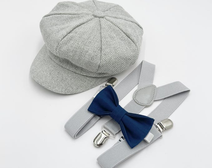 Newsboy Cap, Gatsby Flat Cap, Gray Suspenders & Navy Blue Bow Tie - Baby to Adult Sizes, Ring Bearer Outfit, Page Boy Wedding Set