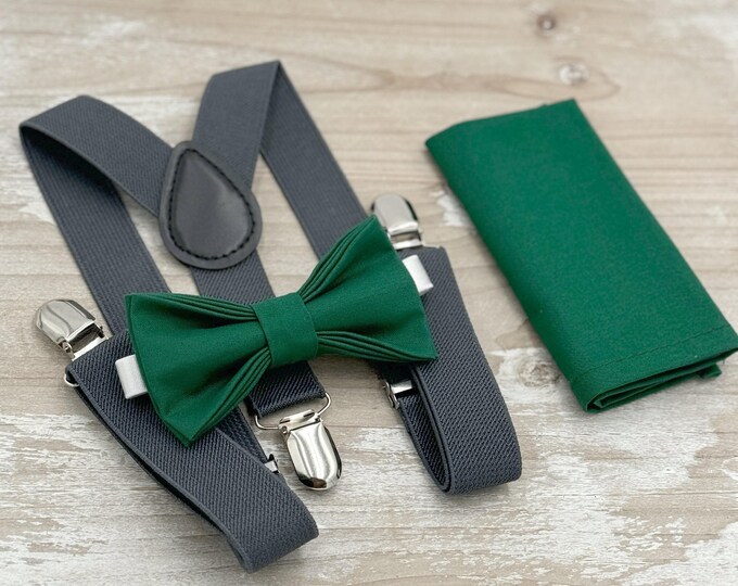 Juniper Bow tie & Suspenders, Dark Gray Charcoal Braces, Pocket Square, Ring Bearer Outfit, Boho Wedding, Groomsman Gift, Emerald Bow