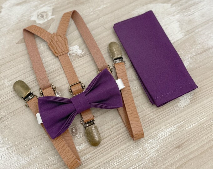 Plum Bow tie & Suspenders, Skinny Leather Light Brown Braces, Grape Bowtie, Pocket Square, Ring Bearer Outfit, Boho Rustic Wedding Set