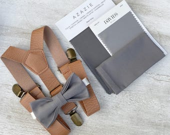 Gray Bow Tie & Leather Suspenders - Ring Bearer Outfit, All Sizes Baby to Adult, Groomsman Gift, Pocket Square, Boho Wedding Set