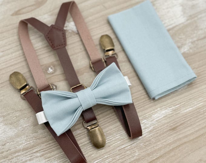 Mist Bow tie & Suspenders, Skinny Leather Braces, Sky Blue Bow, Dusty Blue Bowtie, Pocket Square, Ring Bearer Outfit, Rustic Wedding