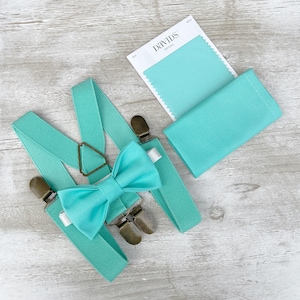 Spa Bow Tie & Mint Suspenders - Ring Bearer and Groomsman Outfit, Rustic Wedding, Pocket Square, All Sizes Baby to Adult
