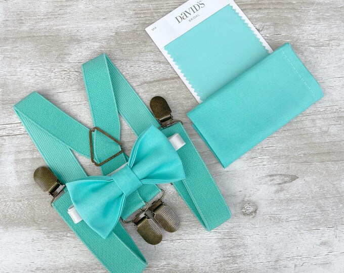 Spa Bow tie & Suspenders, Mint Turquoise Braces, Pocket Square, Ring Bearer Outfit, Rustic Boho Wedding, Groomsman Gift