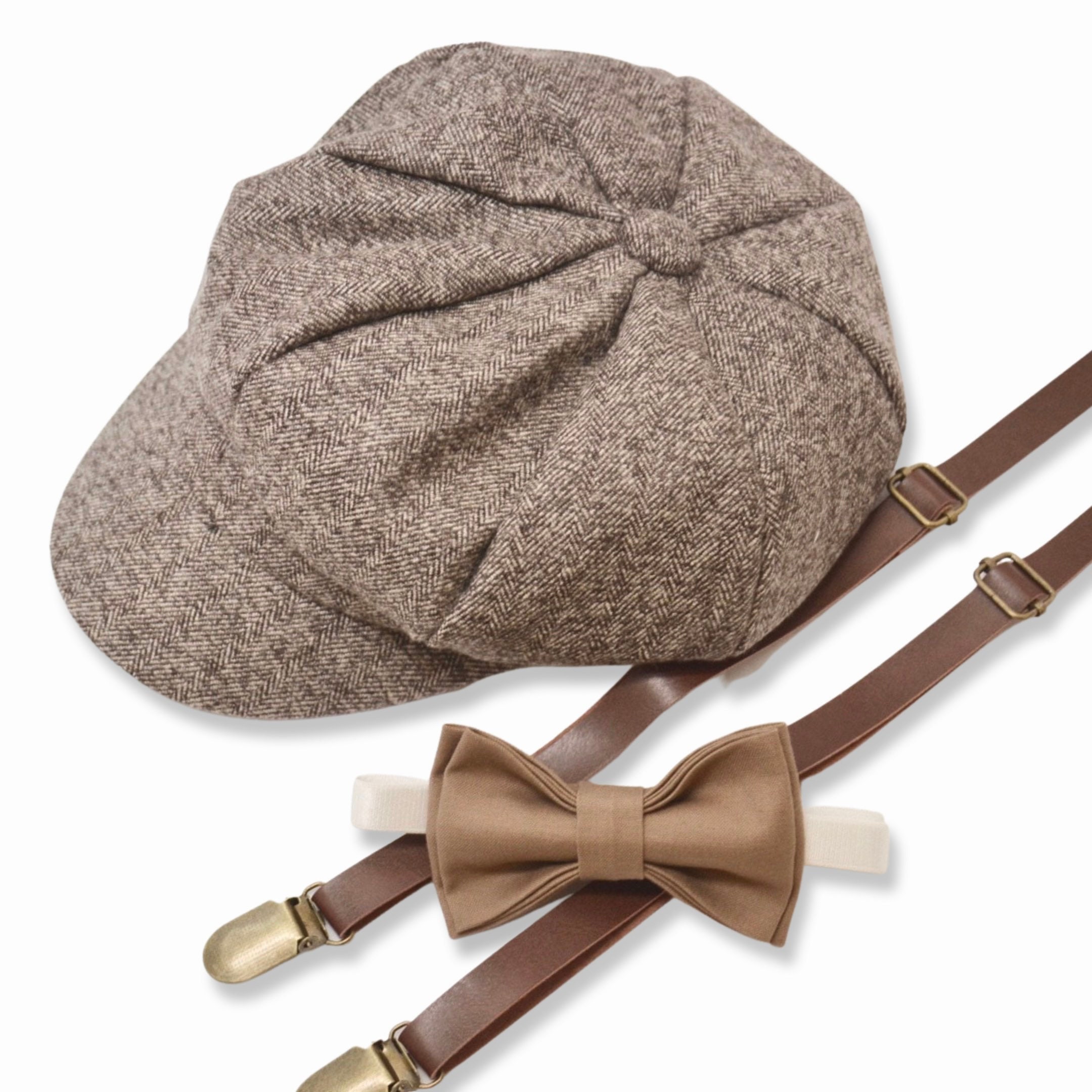 Kid Boy Party wedding Beige Brown Stripe Brace Suspender bowtie beret Cap set Kid Boy Party wedding Beige Brown Stripe Brace Suspender bowtie beret Cap set
