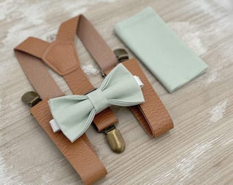 Dusty Sage Bow Tie & Leather Suspenders – Ring Bearer Outfit, All Sizes Baby to Adult, Groomsman Gift, Pocket Square, Boho Wedding Set