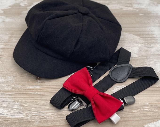 Newsboy Cap, Black Suspenders, Red Bow Tie, Ring Bearer Outfit, Cake Smash Outfit, Page Boy Cap, Wedding Set, Applejack Hat