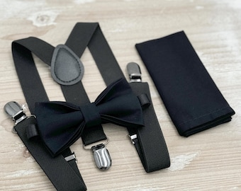 Black Bow Tie & Suspenders Set, All Sizes Baby to Adult, Ring Bearer Outfit, Groomsman Gift, Wedding Pocket Square