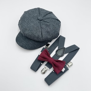 Newsboy Cap, Gatsby Flat Cap, Dark Gray Suspenders & Wine Bow Tie - Baby to Adult Sizes, Ring Bearer Outfit, Page Boy Wedding Set