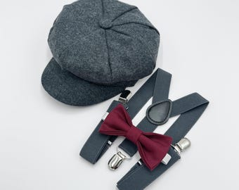 Newsboy Cap, Gatsby Flat Cap, Dark Gray Suspenders & Wine Bow Tie - Baby to Adult Sizes, Ring Bearer Outfit, Page Boy Wedding Set