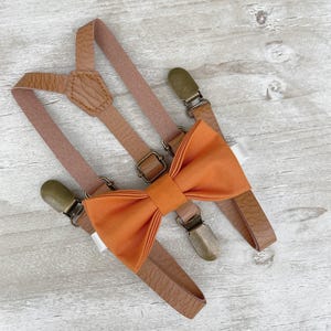 Burnt Orange Bow Tie & Skinny Leather Suspenders Set - Ring Bearer and Groomsman Wedding Outfit, Pocket Square, All Sizes Baby to Adult