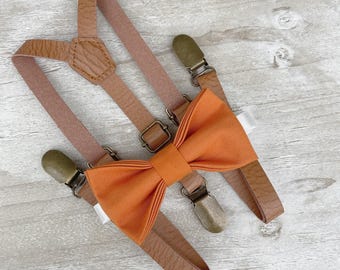 Burnt Orange Bow Tie & Skinny Leather Suspenders Set - Ring Bearer and Groomsman Wedding Outfit, Pocket Square, All Sizes Baby to Adult