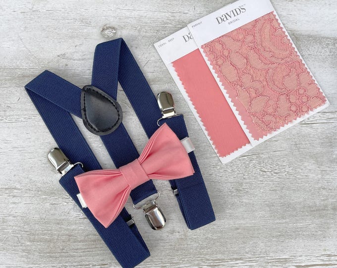 Parfait Bow Tie & Leather Suspenders - Ring Bearer and Groomsman Outfit, Rustic Wedding, Coral Bow Tie, All Sizes Baby to Adult