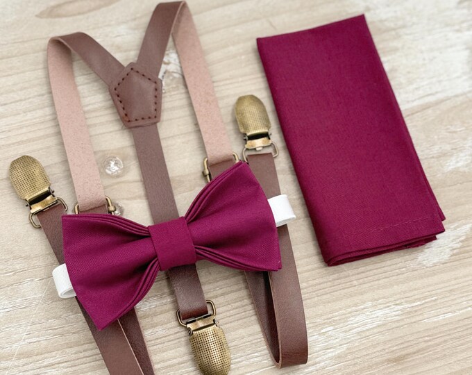 Sangria Bow tie & Suspenders | Skinny Leather Braces | Maroon Crimson Bow | Pocket Square | Ring Bearer Outfit | Boho Rustic Wedding
