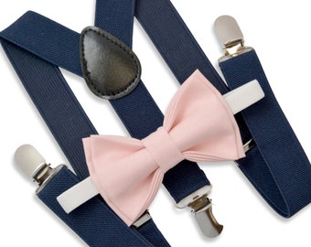 BLUSH pink Bow Tie & Suspenders SET /  Navy Blue Suspenders / Kids Mens Baby Wedding Page Boy Infant Newborn - Adult Set