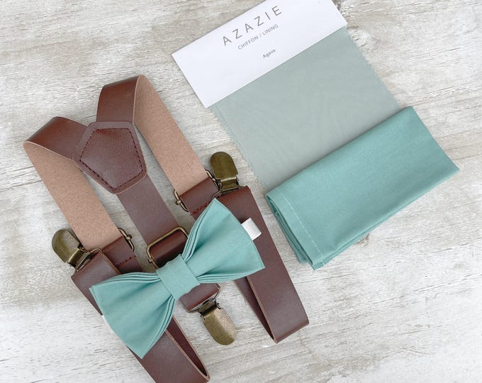 Seaglass Pale Green Bow Tie & Leather Brown Suspenders , Men's pocket square , Boy's Ring Bearer gift , Groomsmen Wedding outfit