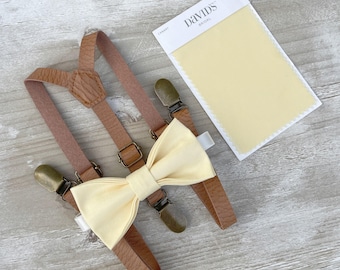 Buttercup Bow Tie & Suspenders – All Sizes for Boys and Men, Skinny Leather Braces, Canary Yellow Bow, Pocket Square, Groomsman Wedding Set