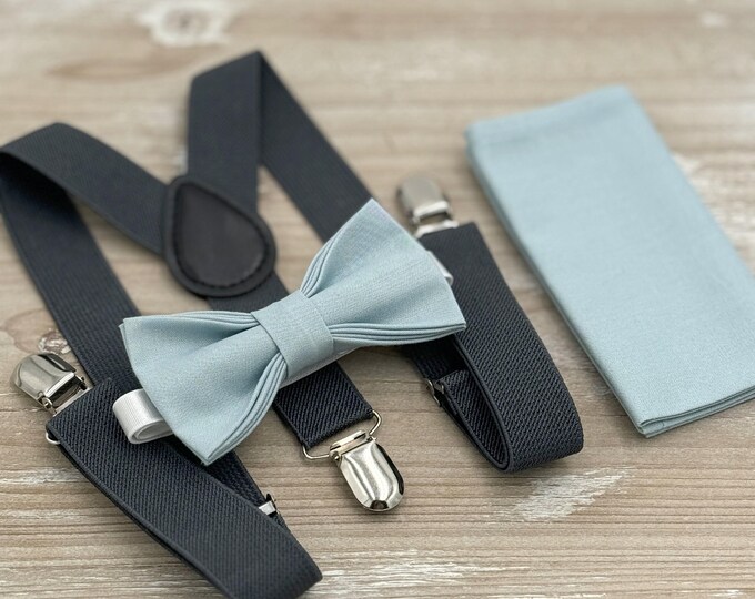 Mist Bow tie & Suspenders, Charcoal Dark Gray Braces, Dusty Blue Bow, Pocket Square, Ring Bearer Outfit, Boho Wedding, Groomsman Gift