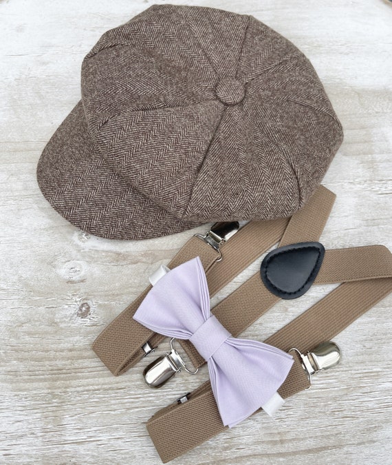 Taupe Newsboy Hat Applejack Cap Iris Purple Bow Tie
