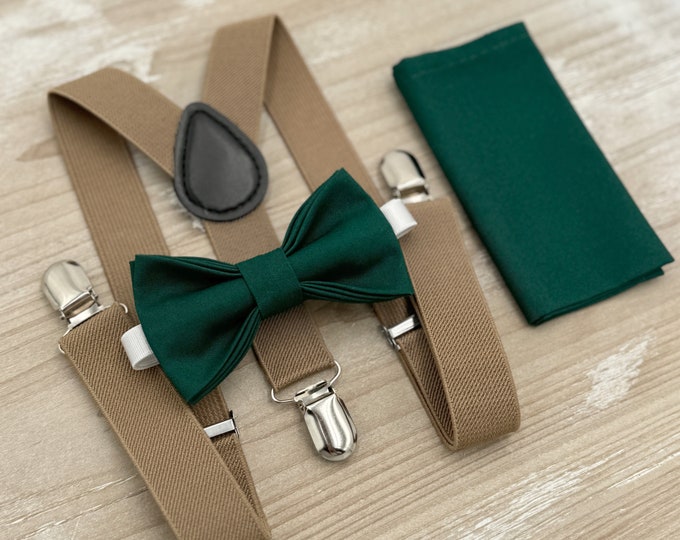 Pine Bow tie & Suspenders | Taupe Braces | Gem Bow | Pocket Square | Ring Bearer Outfit | Boho Rustic Wedding