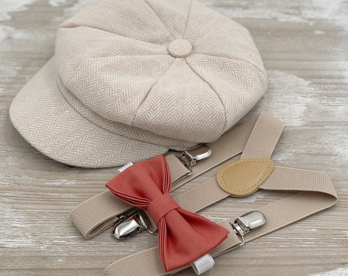 Newsboy Cap | Champagne Suspenders | Sedona Bow Tie | Spice Bow | Ring Bearer Outfit | Cake Smash Outfit | Page Boy Cap | Wedding Set