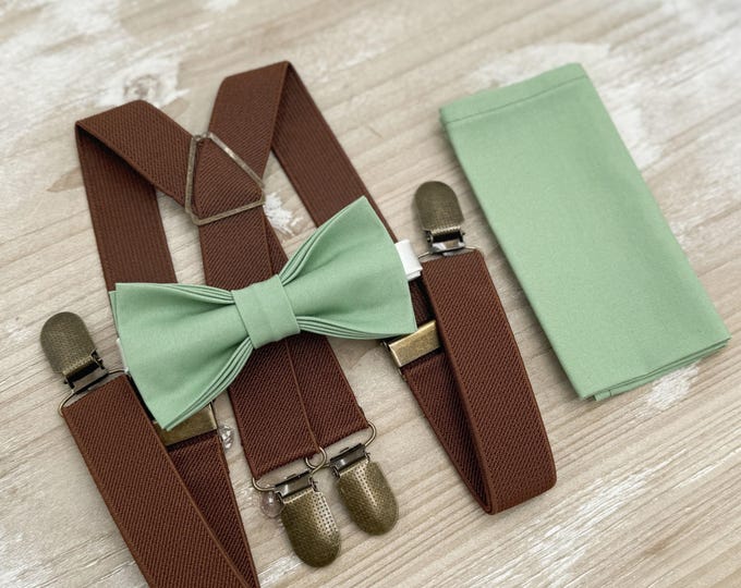 Matcha Bow tie & Suspenders, Brown X - Back Braces, Sage Meadow Green Bow, Pocket Square, Ring Bearer Outfit, Boho Rustic Wedding