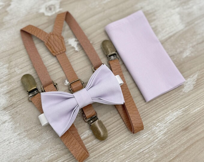 Iris Bow tie & Suspenders, Skinny Leather Light Brown Braces, Pocket Square, Ring Bearer Outfit, Boho Rustic Wedding