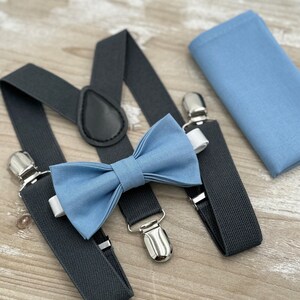 Steel Blue Bow Tie & Dark Gray Suspenders Set - Ring Bearer and Groomsman Outfit, Rustic Wedding, Pocket Square, All Sizes Baby to Adult