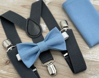 Steel Blue Bow Tie & Dark Gray Suspenders Set - Ring Bearer and Groomsman Outfit, Rustic Wedding, Pocket Square, All Sizes Baby to Adult