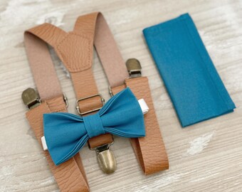 Teal Blue Bow tie & Suspenders, Leather Light Brown Braces, Pocket Square, Ring Bearer Outfit, Boho Rustic Wedding