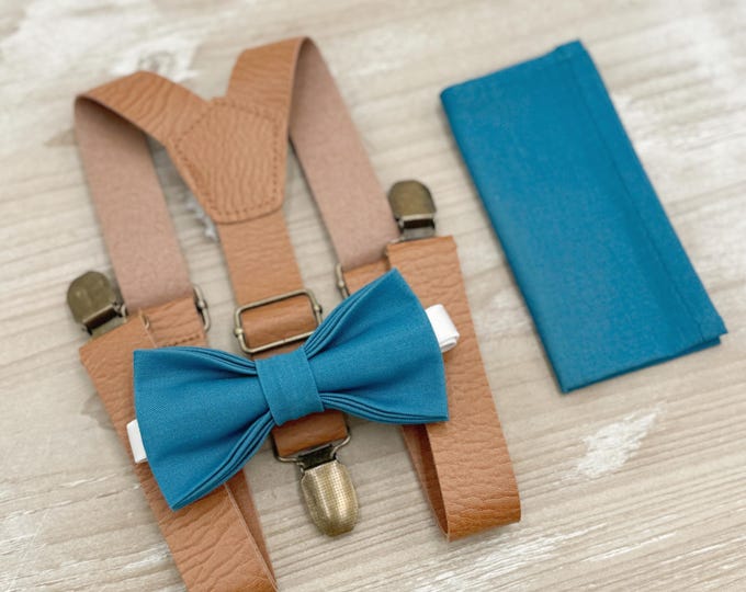 Teal Blue Bow tie & Suspenders, Leather Light Brown Braces, Pocket Square, Ring Bearer Outfit, Boho Rustic Wedding