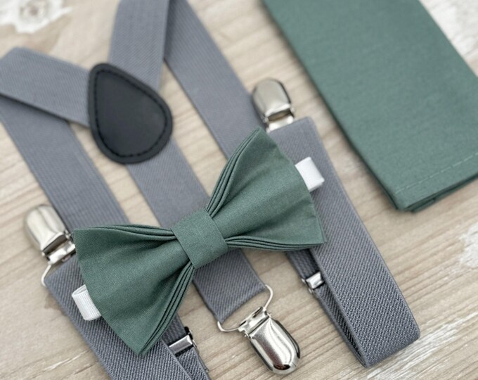 Eucalyptus Bow Tie & Suspenders – All Sizes for Men and Boys, Gray Suspenders, Pocket Square, Ring Bearer Gift, Rustic Wedding