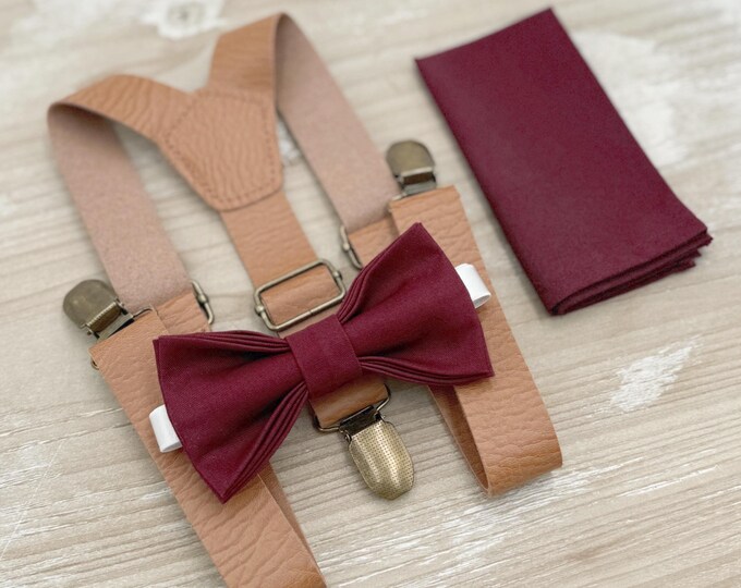 Cabernet Bow Tie & Suspenders, Wine Bowtie Set, Leather Braces, Groomsman Gift, Ring Bearer Wedding Outfit, All Sizes Men and Boys