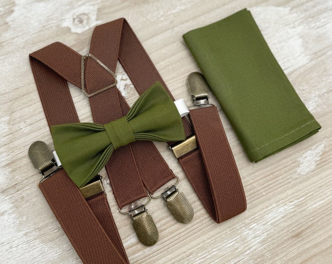 Olive Bow tie & Suspenders, Brown X - Back Braces, Pocket Square, Ring Bearer Outfit, Boho Rustic Wedding