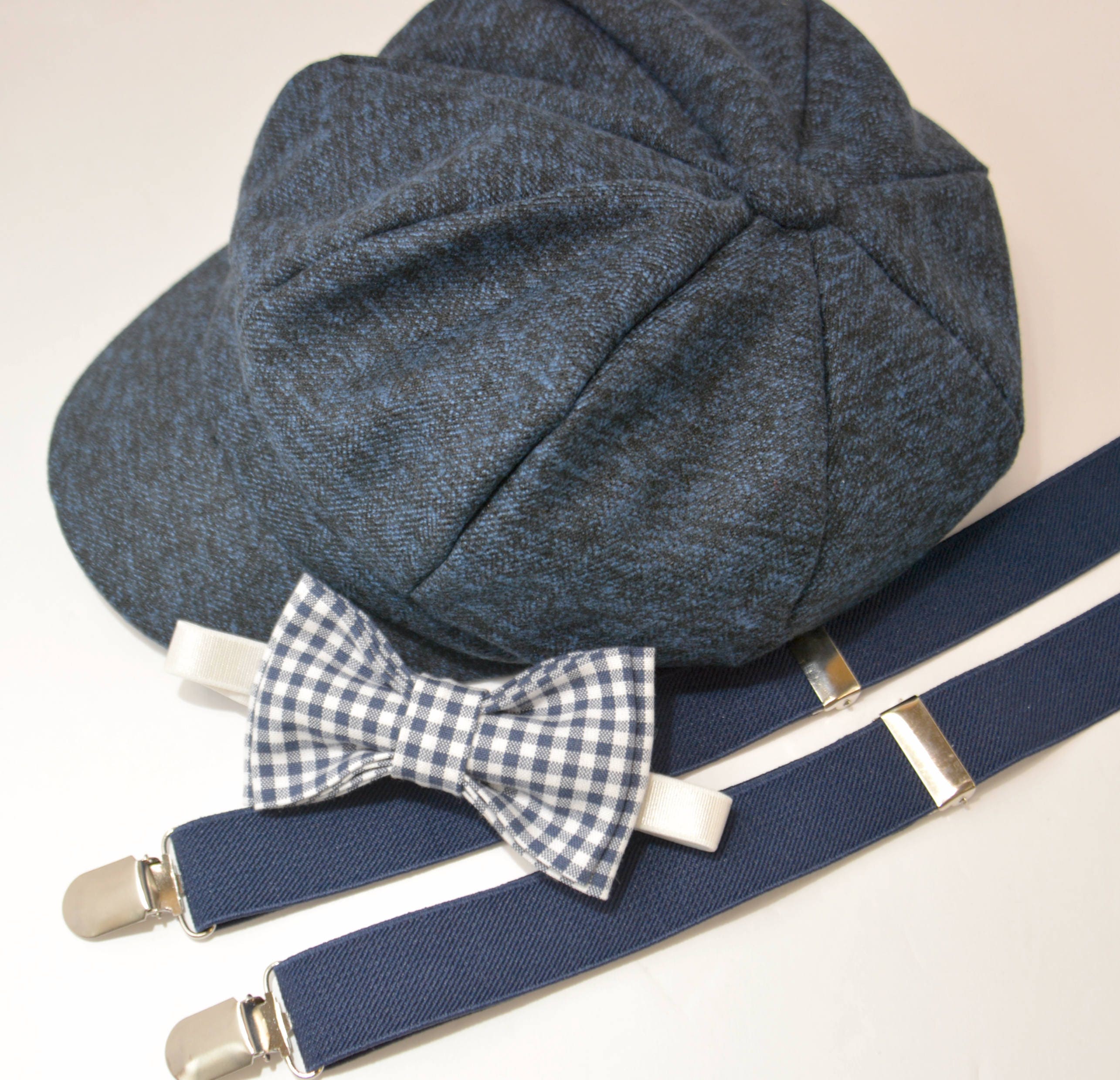 Bow Tie Suspenders Navy Newsboy Cap Hat / Navy Blue Plaid Bow Etsy