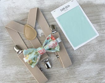 Floral Bow Tie & Champagne Suspenders - Ring Bearer and Groomsman Outfit, Rustic Wedding, Mint Bow Tie, All Sizes Baby to Adult