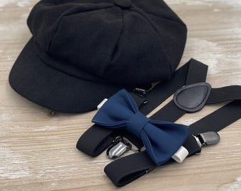 Newsboy Cap, Black Suspenders, Navy Blue Bow Tie, Ring Bearer Outfit, Cake Smash Outfit, Page Boy Cap, Wedding Set, Applejack Hat