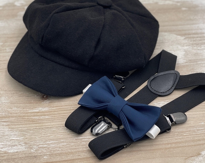 Newsboy Cap, Black Suspenders, Navy Blue Bow Tie, Ring Bearer Outfit, Cake Smash Outfit, Page Boy Cap, Wedding Set, Applejack Hat