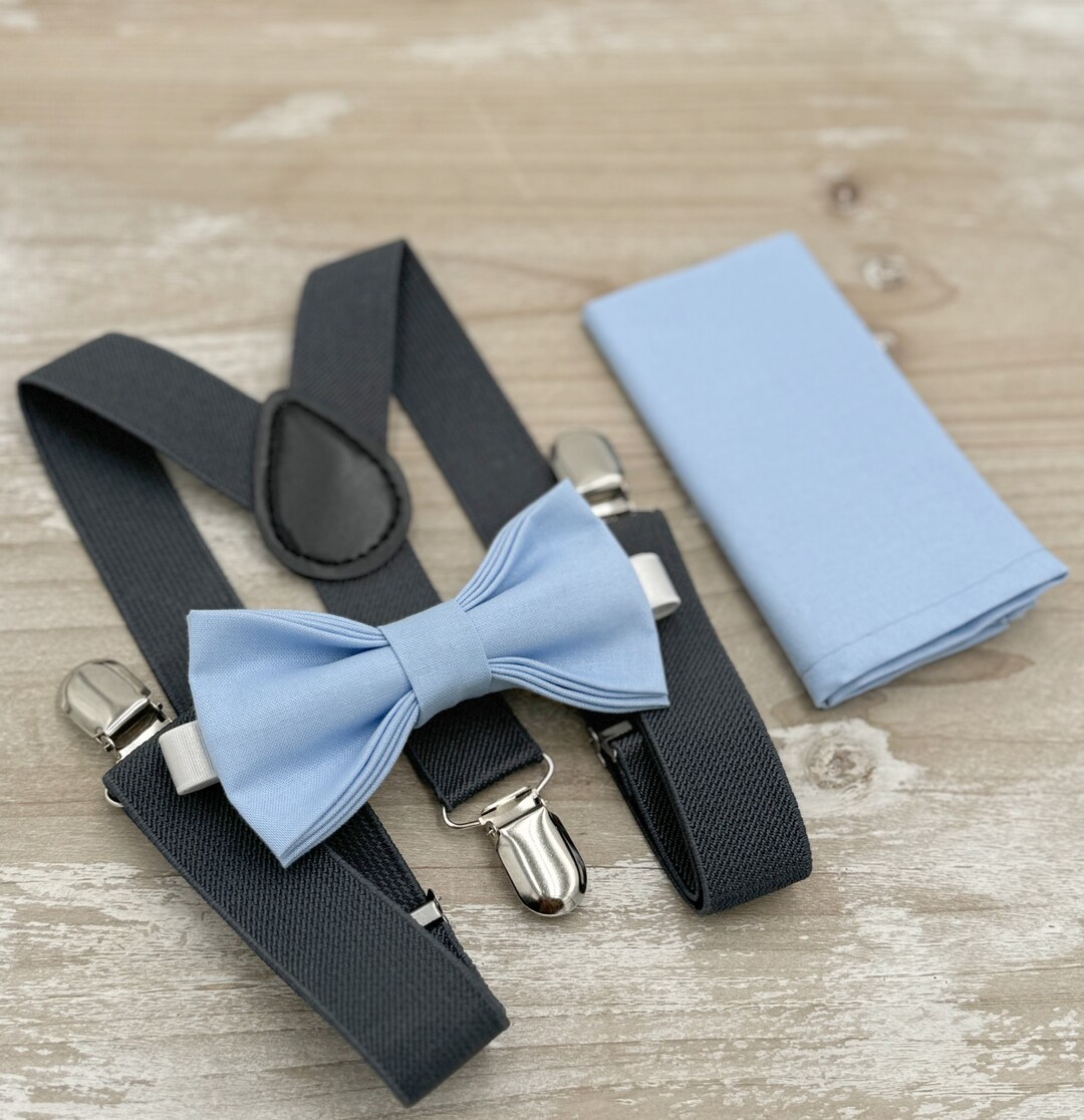 Ice Blue Bow Tie & Suspenders Dark Gray Braces Pocket Square Ring