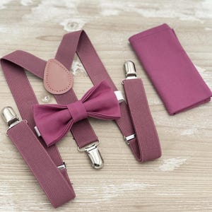 Chianti Bow Tie & Suspenders Set - Ring Bearer and Groomsman Outfit, Rustic Wedding, Mulberry Pocket Square, All Sizes Baby to Adult
