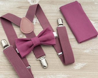Chianti Bow Tie & Suspenders Set - Ring Bearer and Groomsman Outfit, Rustic Wedding, Mulberry Pocket Square, All Sizes Baby to Adult