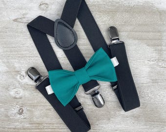 Teal Bow Tie & Black Suspenders – Ring Bearer and Groomsman Outfit, Rustic Boho Wedding, Pocket Square, Toddler to Adult Sizes