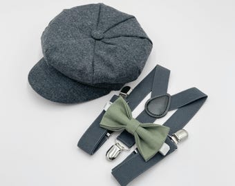 Newsboy Cap, Gatsby Flat Cap, Dark Gray Suspenders & Moss Green Bow Tie - Baby to Adult Sizes, Ring Bearer Outfit, Page Boy Wedding Set