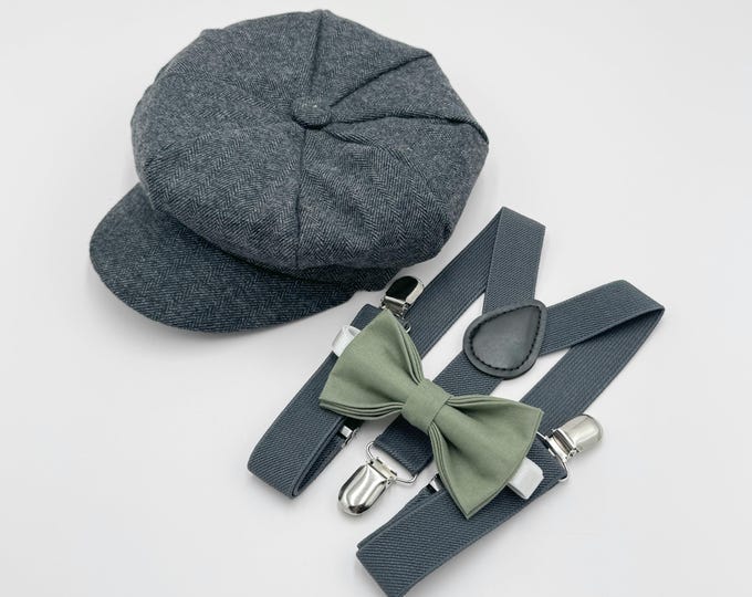 Newsboy Cap, Gatsby Flat Cap, Dark Gray Suspenders & Moss Green Bow Tie - Baby to Adult Sizes, Ring Bearer Outfit, Page Boy Wedding Set