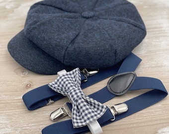 Tweed Newsboy Cap, Navy Blue Applejack Hat, Suspenders, Plaid Bow Tie, Ring Bearer Outfit, Cake Smash Outfit, Page Boy Wedding Set