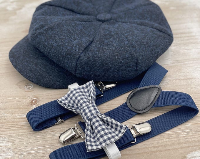 Tweed Newsboy Cap, Navy Blue Applejack Hat, Suspenders, Plaid Bow Tie, Ring Bearer Outfit, Cake Smash Outfit, Page Boy Wedding Set