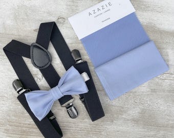 Periwinkle Bow Tie & Black Suspenders - Ring Bearer and Groomsman Outfit, Rustic Wedding, Pocket Square, All Sizes Baby to Adult