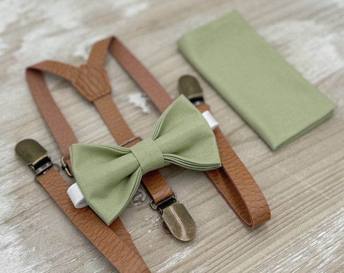 Pistachio Bow Tie & Skinny Leather Suspenders – Ring Bearer Outfit, All Sizes Baby to Adult, Groomsman Gift, Pocket Square, Boho Wedding Set
