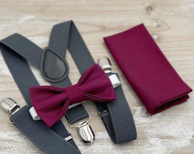 Sangria Bow Tie & Suspenders, Dark Gray Braces, Groomsman Gift, Ring Bearer Outfit, Rustic Boho Wedding, All Sizes Men and Boys