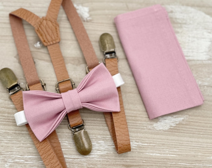 Vintage Mauve Bow Tie & Suspenders – All Sizes for Men and Boys, Skinny Leather Braces, Pocket Square, Ring Bearer, Rustic Wedding
