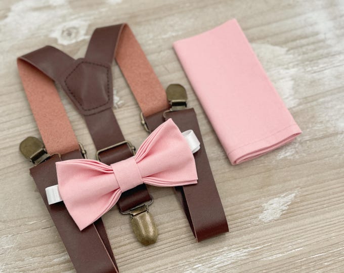Ballet Bow tie & Suspenders | Leather Braces | Rosette Dusty Rose Bow | Pocket Square | Ring Bearer Outfit | Boho Rustic Wedding